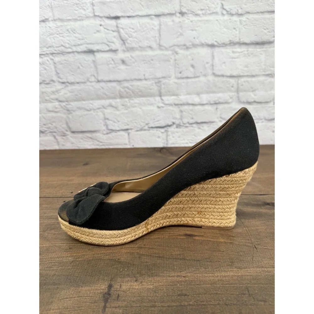Tory Burch Black Canvas Bow Peep Toe Espadrille Wedge Sandals Womens 9.5